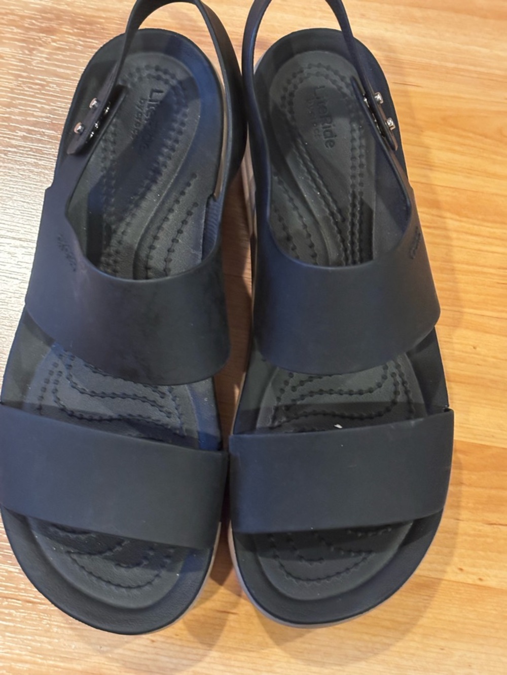 CROCS Black Brooklyn Low Wedge Sandals - Picture 2 of 9